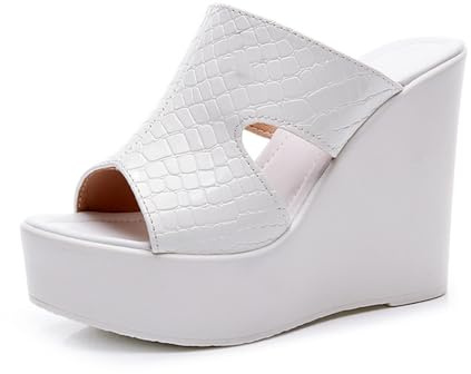 TNMIUH Zoccoli Donna con Zeppa Alta 12cm, Sandali Slip-On Peep Toe Nero, Plateau 4cm, Nero, Bianco, Rosso,Bianca,37 EU