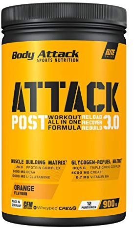 Body Attack Post Workout Shake 900g, Orange - Post Attack 3.0 mit Maltodextrin, Creatin, Whey Protein Isolate und Glutamin