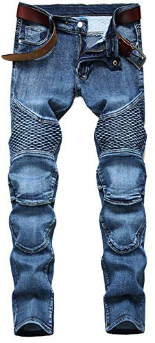 DSDZ Men's Streetwear Patchwork Pleated Stretch Ripped Biker Jeans Denim Pants (Blue1, 34)