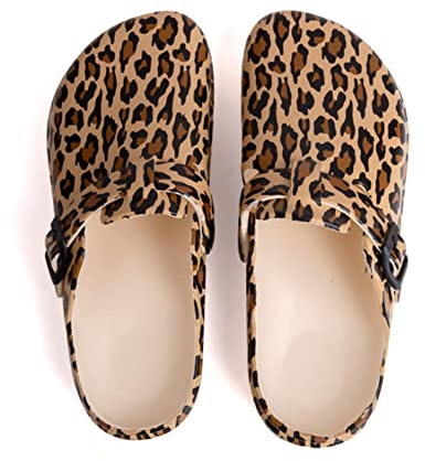 ERLINGO Women's Leopard Animal Print Garden Clogs, Ladies Clogs in Print Design Slippers Shoes, Lightweight Breathable Indoor Outdoor Slip On Walking Sandals, Size 6.5 UK
