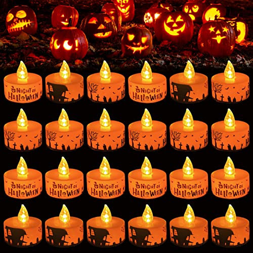 TOPJOWGA Candela LED Senza Fiamme Zucca Tealight, 24 Pezzi Halloween Candele a LED, Candele LED Lumini Batteria, Candele Tealights alla Zucca Decorazioni di Halloween Feste