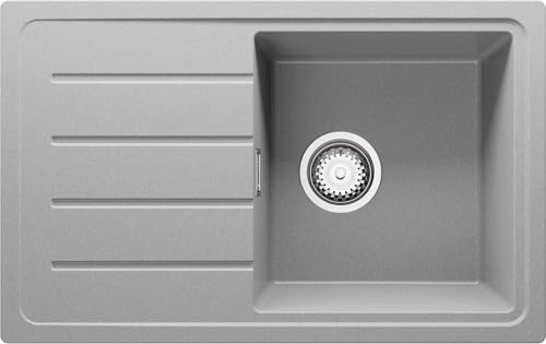 PRIMAGRAN Evier Cuisine en Granit Gris 70x44cm, Lavabo 1 bac + Kit de Vidage, Évier à Encastrer au Meuble 45cm - Copenhague Easy S039