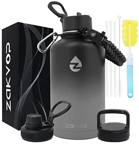 ZAKVOP Botella Termica 2 Litros, Termo Acero Inoxidable con Pajitas y 3 Tapas, Botella Agua de Doble Pared con Asa de Paracord, Botella Isotermica a Prueba de Fugas