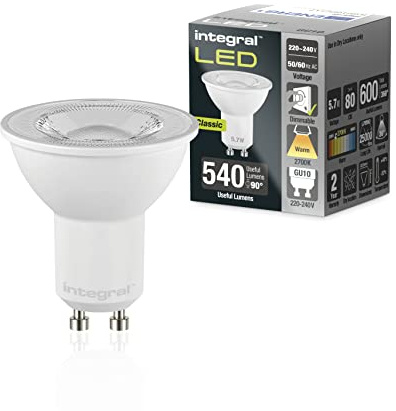 Integral LED 5 PACK GU10 Warm 2700K, 600LM, 5.7W (entspricht 75W) Dimmbare Lampe - Energieeffizient & Ideal für Spotlight Armaturen & Downlights in Badezimmern, Küchen, Wohn-, Ess- & Schlafzimmern