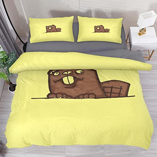 NDXRWDZR Double Duvet Cover Set Yellow Beaver Duvet Cover with Zipper Closure Bedding for Aldults Kids Soft Breathable Hypoallergenic Microfiber Quilt Cover 200x200 cm + 2 Pillowcases 50x75 cm