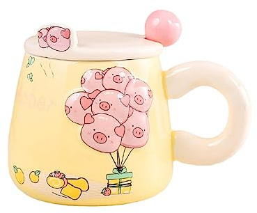 CAPIJIONG 450ml/15.21oz Ins style embossed ceramic cup creative companion gift cute breakfast cute milk coffee cup with lid Suitable for office home restaurant-milky,450ml