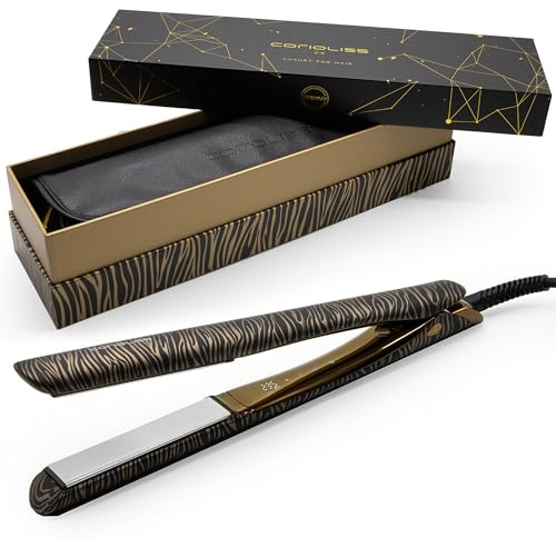 Corioliss C5 | Plancha del Pelo Profesional | Placas de Titanio | Alisado y Ondas | Temperatura Ajustable 80º-235º | Iónica | Apagado Automático Programable | Con Funda de Viaje | Gold Zebra