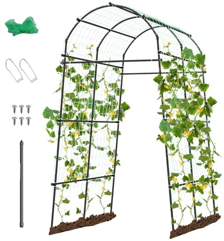 GOPLUS Enrejado para plantas trepadoras, 230 cm de alto, soporte de metal con ancho ajustable, arco de jardín en forma de U con red y revestimiento de polietileno, para pepinos, tomates, guisantes
