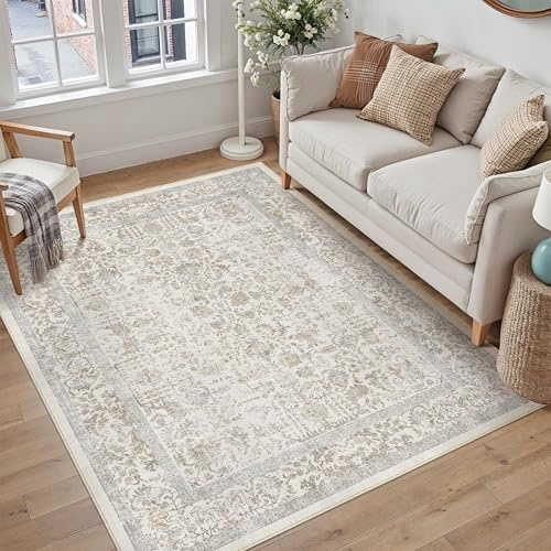 HUGEAR Alfombra Salon Taupe Multi Antideslizante Alfombras Lavables en Lavadora Tapetes para Sala 150x210cm Habitacion Dormitorio Comedor Flor Vintage Grande Tapete Pelo Corto tapete Quarto