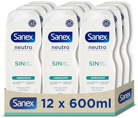 Sanex Gel doccia neutro idratante 600 ml, confezione da 12, con ingredienti essenziali, 0% solfati*, 0% sapone e 0% coloranti, per tutti i tipi di pelle, idratazione duratura, tecnologia tripla azione