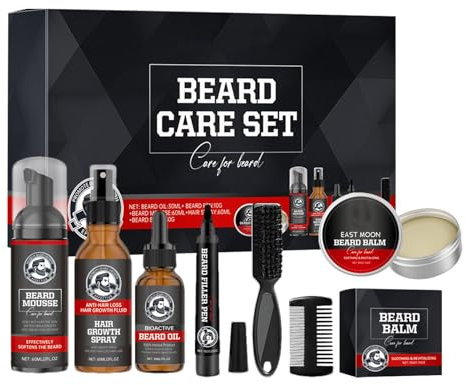 Balsamo per la cura della barba, set di 7 creme per la cura della barba, pettine e spray, crema idratante delicata per salone, bagno, viaggi