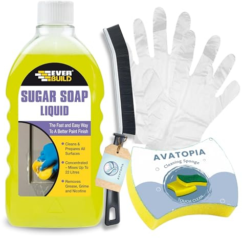 EverBuild Sugar Soap Liquid (500ml), Sponge, Crevice Brush & Plastic Gloves | Wall Cleaner for Painted Walls, Sugar Soap for Cleaning, Bathroom Cleaner, Removes Grease, Grime & Nicotine Stains (1)