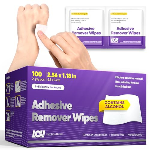 Livaclean Health Adhesive Remover Wipes for Skin 100 CT – Medical Adhesive Remover for Tape, Plaster & Sticky Residue – Individually Wrapped, Non-Greasy 2-Ply 2.56x1.18in (6.5x3cm) Skin Wipes