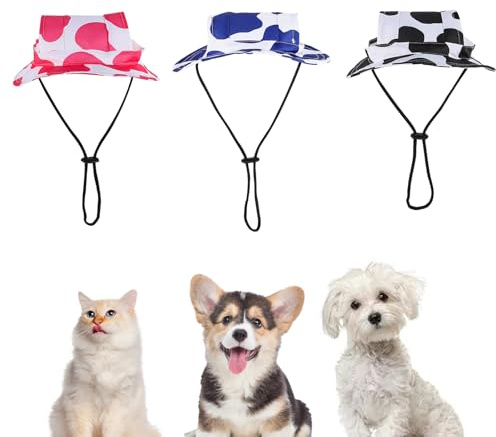 KASESSS 3 Pezzi Cappello da Sole Estivo per Cani, Cappello per Cani, Cappello Rotonda con Fori per Orecchie, Cappello da Pescatore per Animali Domestici Stampa di Mucca per Canis Piccola Taglia Gatt