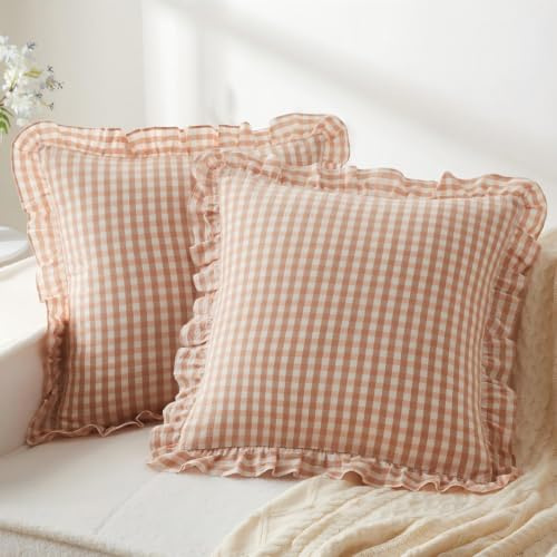 KKJIAF Ruffle Gingham Pillow Covers 20 x 20 Inches, Cotton Gingham Pillow Cases Set of 2, Linen Feel Ruffled Plaid Pillow Shams with Envelope Closure for Sofa Bed (Light Pink Plaid)