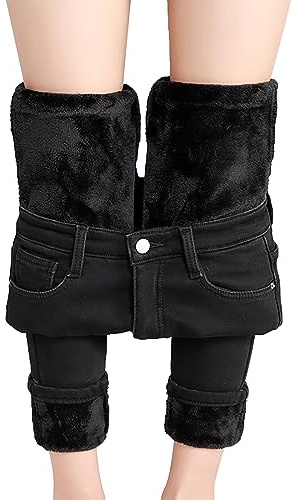 Jeans thermiques pour femme - Jean d'hiver doublé - Jean push-up taille haute stretch - Legging thermique pour l'hiver - Skinny denim thermique avec doublure en polaire - Jeggings d'hiver, Noir , XXL