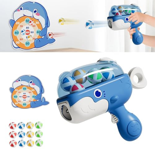Whale Ball Launcher Toy for Kids - Sticky Ball Gun with 12 Suction Cup Darts, Indoor Safe Sports Game for Boys & Girls Ages 4 5 6 7 8 Year Old, Fun Party Gifts (BLUE)