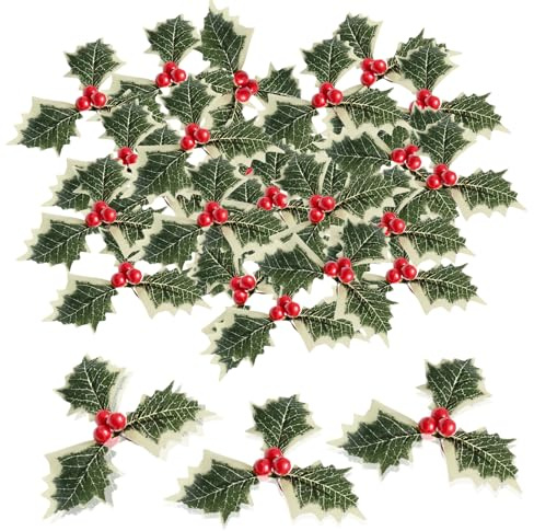30 pcs Holly Berries with Green Leaves,Artificial Holly Berries with Green Leaves Red Berries Winter Berries Branches,Xmas Berries for Xmas Tree Ornaments,Wreath Making Supplies,DIY Crafts,Home Décor