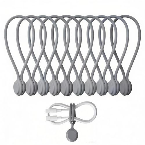 Cyberwork 10 fascette per cavi magnetiche in silicone riutilizzabili, clip per cavo magnetico, magnete potente per cavo gestione, organizer per cavi per casa, ufficio, scuola (grigio)