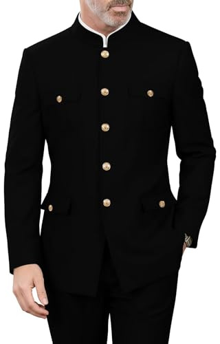 CYANDUSTY Black Men Tunic Suit Mandarin Stand Collar Jacket Chinese Traditional Gold Button Uniform Jacket Wedding S