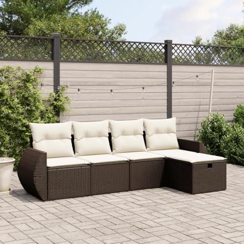 Frdhee Juego de muebles de salón para exteriores, juego de 5 piezas, conjunto de sofá de jardín con cojines de ratán marrón polirratán, grupo de asientos para jardín, jardín de invierno, balcón o