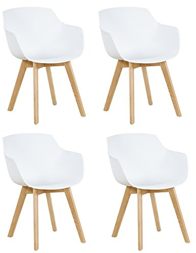 EGGREE Esszimmerstühle 4er-Set mit Beinen aus massivem Buchenholz, Retro-Design, Küchenstühle aus Holz, weiß, Wohnzimmerstuhl mit Armlehnen