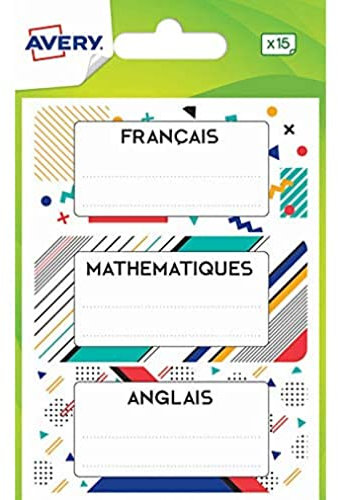 AVERY - Sachet de 15 étiquettes matières scolaires design graphique. Format 76 x 34 mm