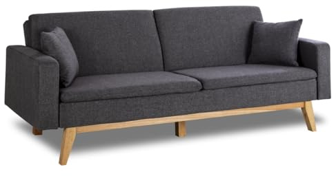 Don Descanso, Sofá Cama 3 plazas Reine, Tapizado en Tela, Sistema Apertura de Libro o Clic-clac, Medida sofá: 206x73x80cm, Medida Cama: 180x100cm, Incluye 2 Cojines, Gris Marengo