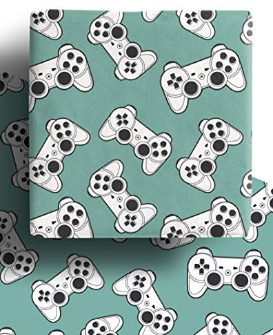 4 x Computer Gaming Wrapping Paper Sheets - Premium Recyclable Green Video Game Controller Gift Wrap for Christmas Birthday Girls Boys Wrapping Paper | Made in the UK