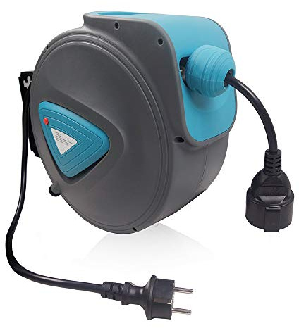 YUENFONG 20 m kabeltrumma utomhus automatisk kabelrulle mti överbelastningstermostat, självrullande elektrisk trumma 180° vridbar väggfäste inkl. monteringsmaterial, blå