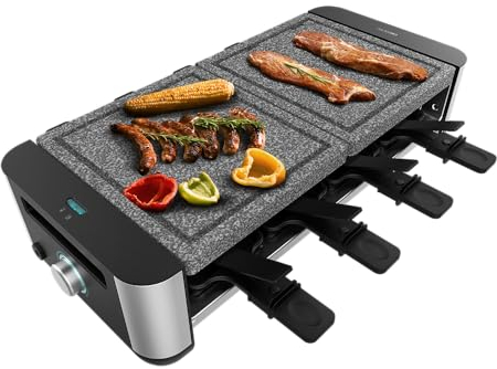 Cecotec Raclette Cheese&Grill 16000 Inox AllStone, 8 Personen, 1400 W Grill, einstellbares Thermostat, gemischte Grill- und Grillfläche 40 x 22 cm, Natursteinplatte, inklusive 8 Pfannen und 8 Spatel.