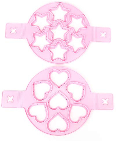 AUNMAS Silicone Non Stick Pancake Maker, 2 Pack Mini Pancake Mold Silicone Egg Rings with Handles for Griddle Frying Eggs, Heart and Star Shape