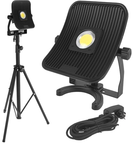 TECPO COB LED Baustrahler 50W, 4500 Lumen, Akku + Kabel, IP54, höhenverstellbar 100-180 cm, robustes Gehäuse, Powerbank-Funktion, ideal für Baustellen, Werkstätten, Innen- & Außenbereich, LED-Strahler
