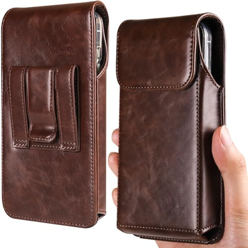 Miimall Phone Holster for iPhone Air/iPhone 16 15 Pro Max/iPhone 16 Plus, Samsung Galaxy Fold 7 6 5, S25 Plus/S24 Plus/S24 FE, [Magnetic Closure] [Belt Clip] Leather Pouch Phone Holder, Dark Brown