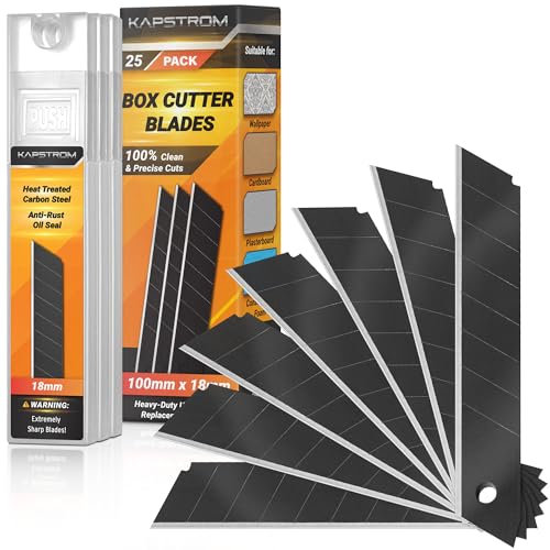 Cuchillas para cortador de cajas KapStrom (negras, 25 unidades), cuchillas afiladas de repuesto para cuchillos multiusos, cuchillas a presión de acero al carbono de alta resistencia de 18 mm