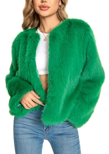 WELLATENT Manteau en fourrure pour femme, veste courte à manches longues en fausse fourrure ouverte sur le devant, manteau à poils longs chaud pour l'automne et l'hiver., vert, Medium