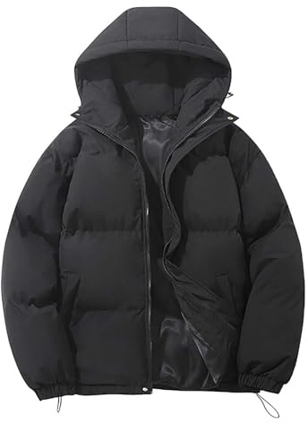 Caxndycing Men's Down Jacket, Warm Parka Coat with Hood, Winter Jacket, Long Sleeve Winter Coat with Zip, Winter Warming Jacket Coat, Warm Functional Jacket, Cotton Clothing, black, L