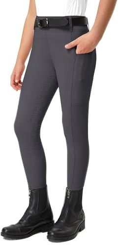 FitsT4 Sports Reithose Kinder Mädchen Reitleggings Reiterhosen Silikon Vollbesatz Reiten Hosen Sommer mit 2 Seitlichen Taschen und Gürtelschlaufen,Dunkelgrau,M