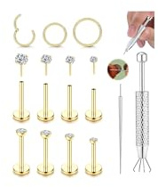 CASSIECA 12 Piezas Oro 18G Piercing Labret Acero Quirúrgico Nariz Oreja Tragus Helix Labio Cartílago Monroe con Circonita Cúbica