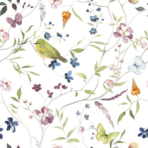 VEELIKE Tapet fågel vintage självhäftande fototapet blommor vit 44,5 cm x 300 cm chinos serie mönstertapet blad fjärilar självhäftande film möbler sovrum vägg tapeter vardagsrum avtagbar
