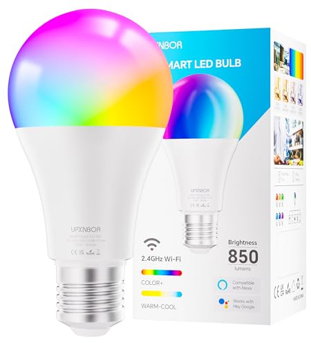 UPXNBOR E27 Smart Bulb, Alexa Light Screw Bulb A19, WiFi Smart Light Bulb 9W, 16 Million Colours, Dimmable RGB, Works with Alexa & Google Assistant, Schedule & Timer, Energy Saving, 2.4GHz Only,1 Pack