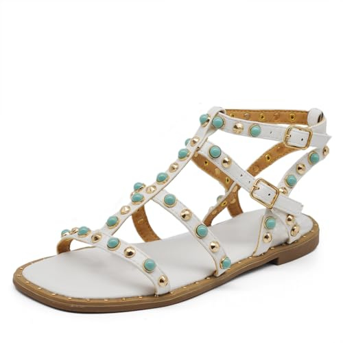 IF Fashion Scarpe Sandali Infradito Gladiatore Stivali Estivi da Donna Con Borchie e Pietre Colorate Pelle Sintetica PY8 Bianco N.40