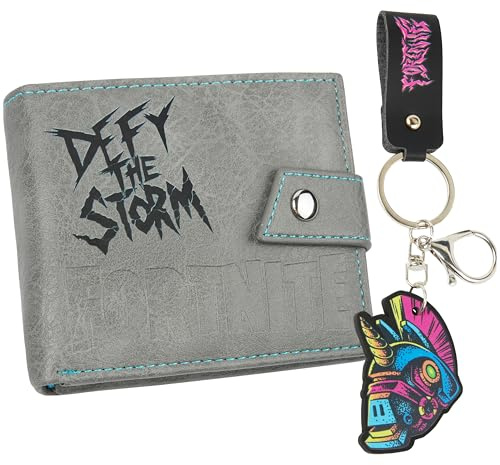 Fortnite Geldbörse und Schlüsselanhänger für Jungen und Teenagers, Kompaktgröße, Kartenetui mit Defy Design, Geschenkidee Set (Grau)