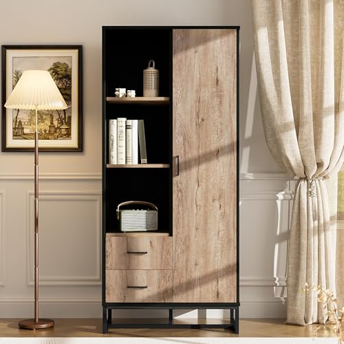 KecDuey Armario alto moderno, 80 x 40 x 180 cm, aspecto de madera con marco negro, con puerta y 2 cajones, 3 compartimentos abiertos, almacenamiento versátil para salón