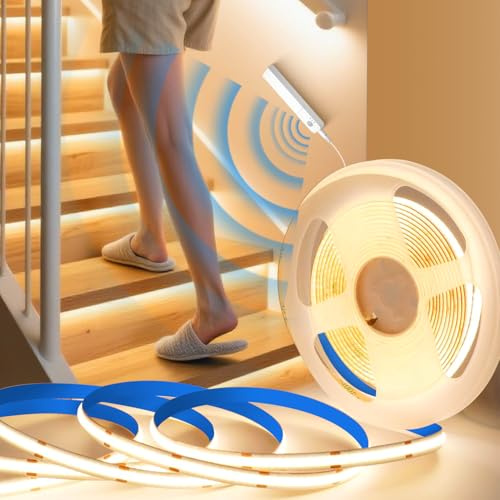 BRIMETI COB LED Strip Med Rörelsesensor Batteridriven Varmvit 3000K LED Remsa 5M 5V Strip Självhäftande 320LED/m Flexibel Ljusremsa Inomhus Belysning Remsa Band för DIY Kök Dekoration
