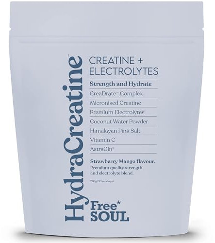 HydraCreatine™ Creatine Monohydrate & Electrolytes Powder | Hydrate, Performance & Strength All in 1 with Magnesium, Vitamin C, Biotin & Coconut Water | Strawberry Mango Flavoured | Free Soul