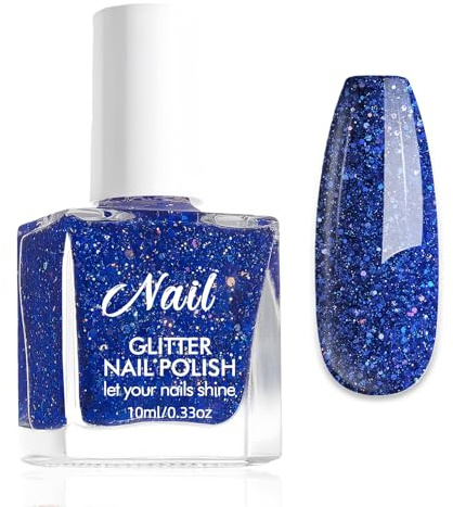 Glitzer Nagellack Blau - Wasserbasierter Nagellacke Atmungsaktiv - Schnelltrocknender Nagellack Mädchen Ungiftig - Sparkling Nail Polish Nagelack Ohne UV Lampe Für Frauen Nail Art (Deep Blue, 10ml)