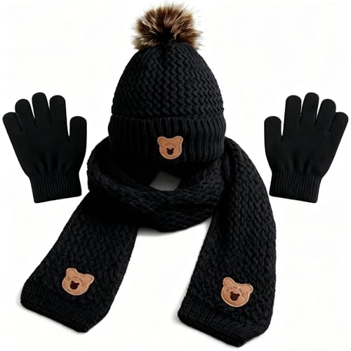CLIUNT Kids Winter Hat, Beanie Knitted Hat Scarf and Gloves Set Kids, Fleece lined, Thickened Thermal Windproof Three-Piece Set, Winter Accessories Sets for Children Age 5-12 (Black)