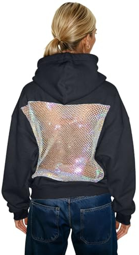 Generisch Felpa con cappuccio da donna sexy con schiena scoperta, pullover con retro in mesh traforato, felpa con cappuccio invernale traspirante, felpa trasparente in rete, sweatshirt monocromatico