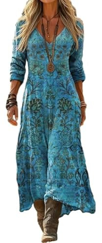 Women's Turquoise V-Neck Boho Floral Maxi Dress Long Sleeve Ethnic Print Retro Casual Loose Flowy A-Line Tunic Dresses for Women